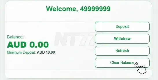 NT77 wallet showing the Clear Balance button