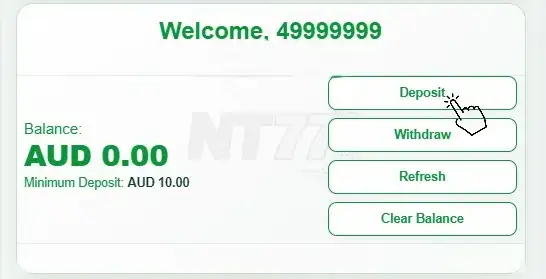 NT77 wallet showing the Deposit button