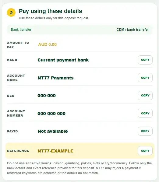 NT77 payment details and reference