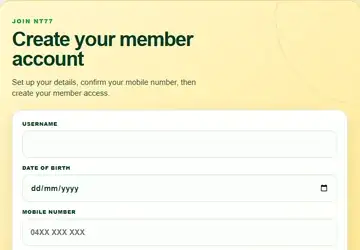 NT77 registration page showing account details fields