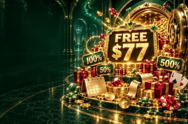 NT77 bonus universe with free 77 dollars, bonus percentages, calendar, receipts, gifts and coins