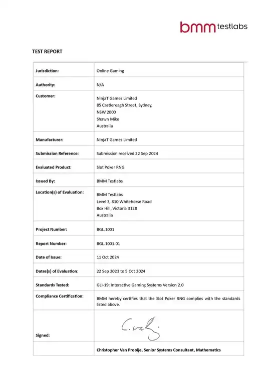 BMM independent testing certificate