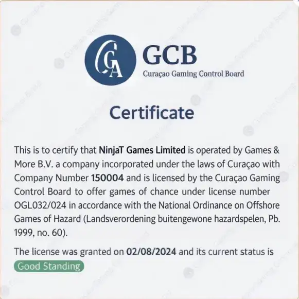 Gaming Curacao licence certificate for NinjaT Games Limited